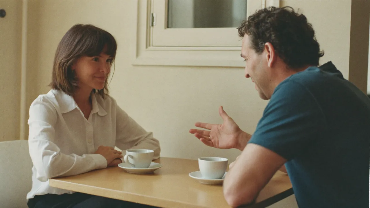 Duas pessoas à mesa de um café, numa conversa atenta